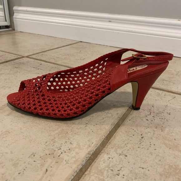 Vintage Cara Mia Woven Red Peep Toe Slingback Heels | Made in Taiwan ROC | 7.5M - Picture 5 of 9